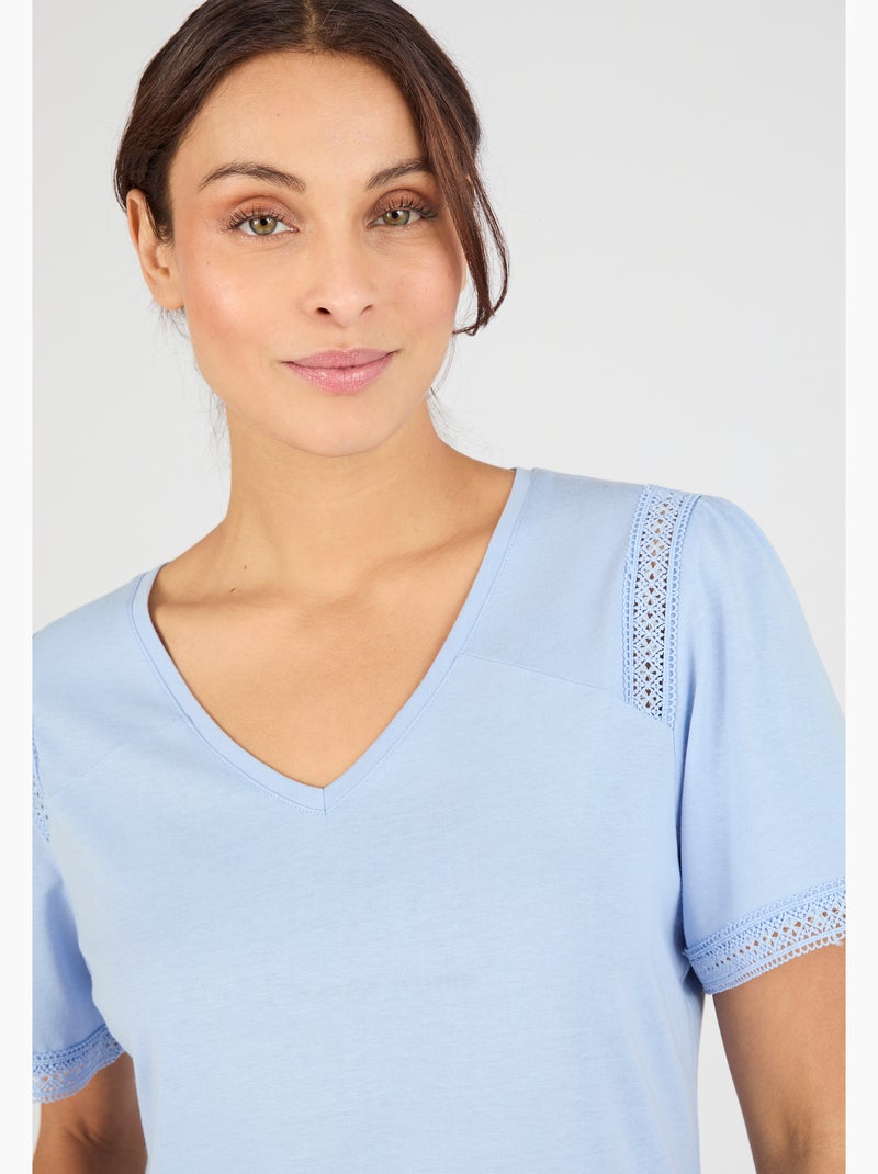 T-shirt détails dentelle - Damart Bleu - Kiabi