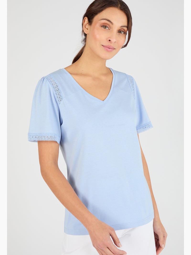 T-shirt détails dentelle - Damart Bleu - Kiabi