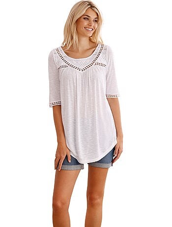T-shirt Détails En Dentelle Tendance - Taille Standard - helline