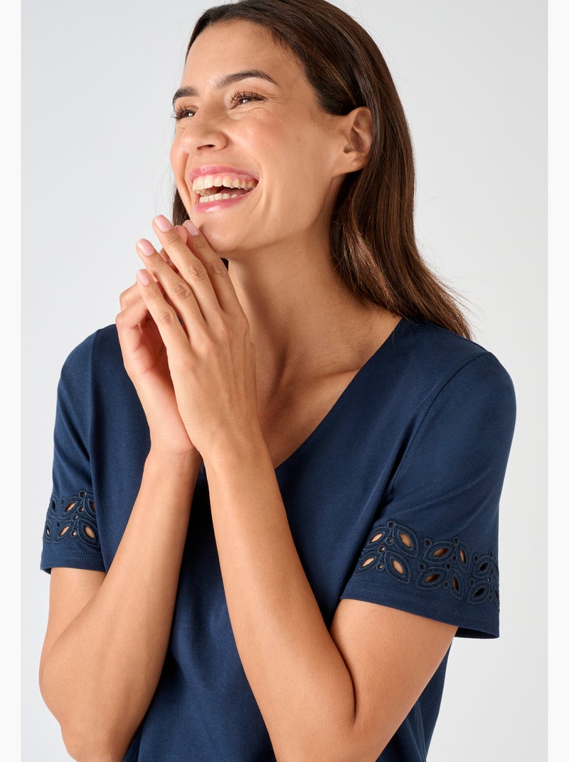 T-shirt détails fantaisie pur coton - Damart Bleu - Kiabi