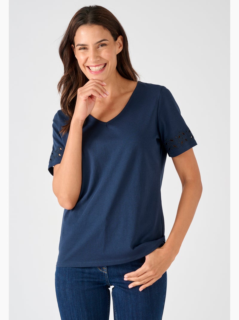 T-shirt détails fantaisie pur coton - Damart Bleu - Kiabi