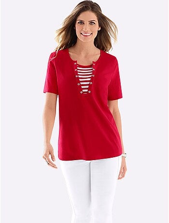 T-shirt d'été avec col V à empiècements rayés et œillets argent - Taille standard - Moda Vilona