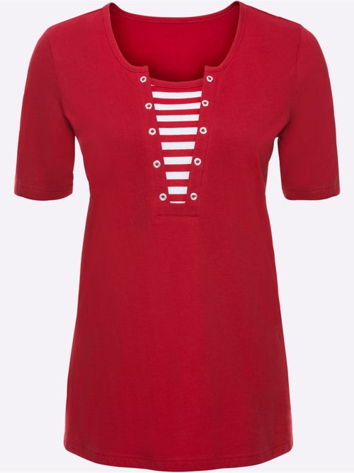 T-shirt d'été avec col V à empiècements rayés et œillets argent - Taille standard - Moda Vilona - Kiabi T-shirt d'été avec col V à empiècements rayés et œillets argent - Taille standard - Moda Vilona - Kiabi
