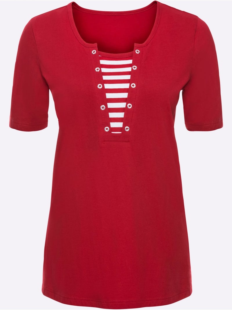 T-shirt d'été avec col V à empiècements rayés et œillets argent - Taille standard - Moda Vilona Rouge - Kiabi