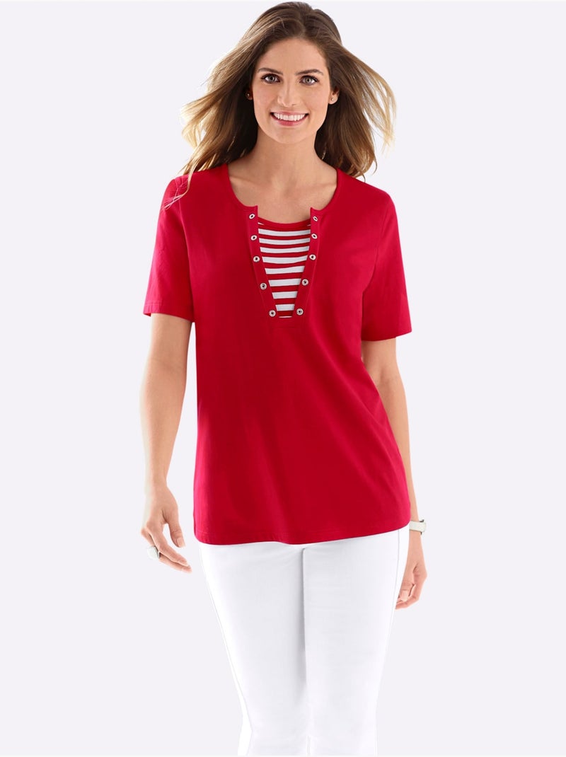 T-shirt d'été avec col V à empiècements rayés et œillets argent - Taille standard - Moda Vilona Rouge - Kiabi