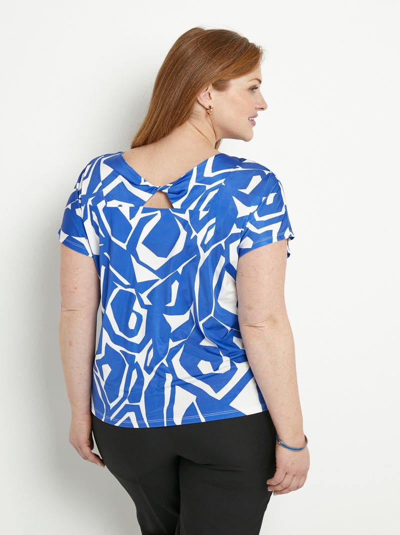 T-shirt droit court col V imprimé graphique Bleu Blanc - Kiabi