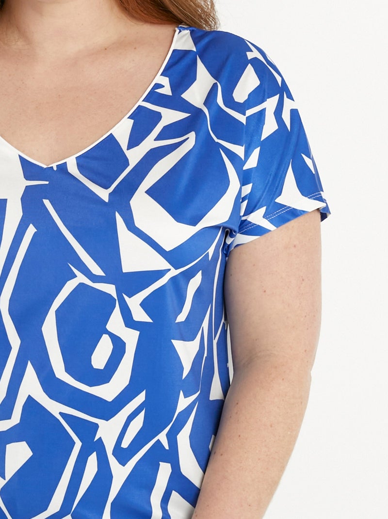 T-shirt droit court col V imprimé graphique Bleu Blanc - Kiabi