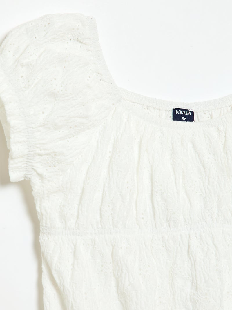 T-shirt effet smocké avec broderie en anglaise Blanc - Kiabi