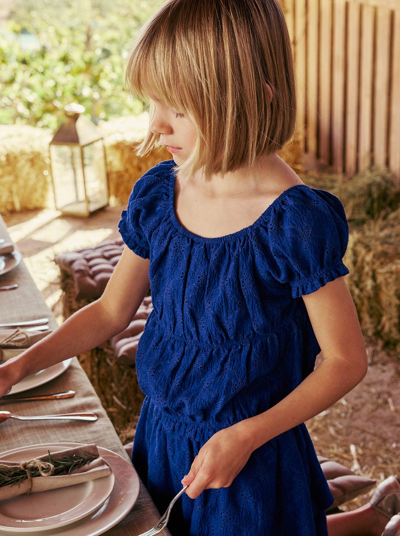 T-shirt effet smocké avec broderie en anglaise Bleu - Kiabi
