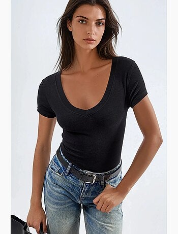 T-shirt élastique à manches courtes avec col en v busem