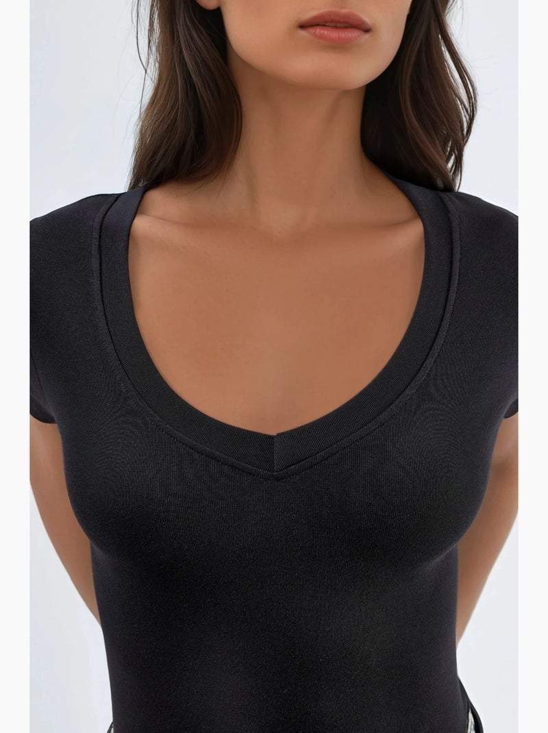 T-shirt élastique à manches courtes avec col en v busem Noir - Kiabi