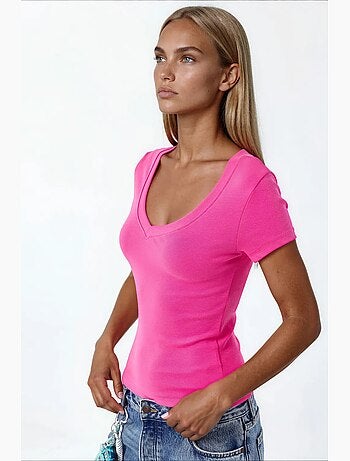 T-shirt élastique à manches courtes avec col en v busem
