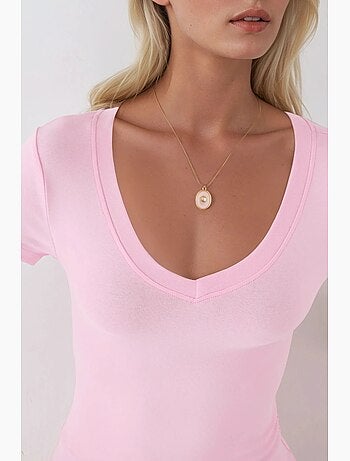 T-shirt élastique à manches courtes avec col en v busem