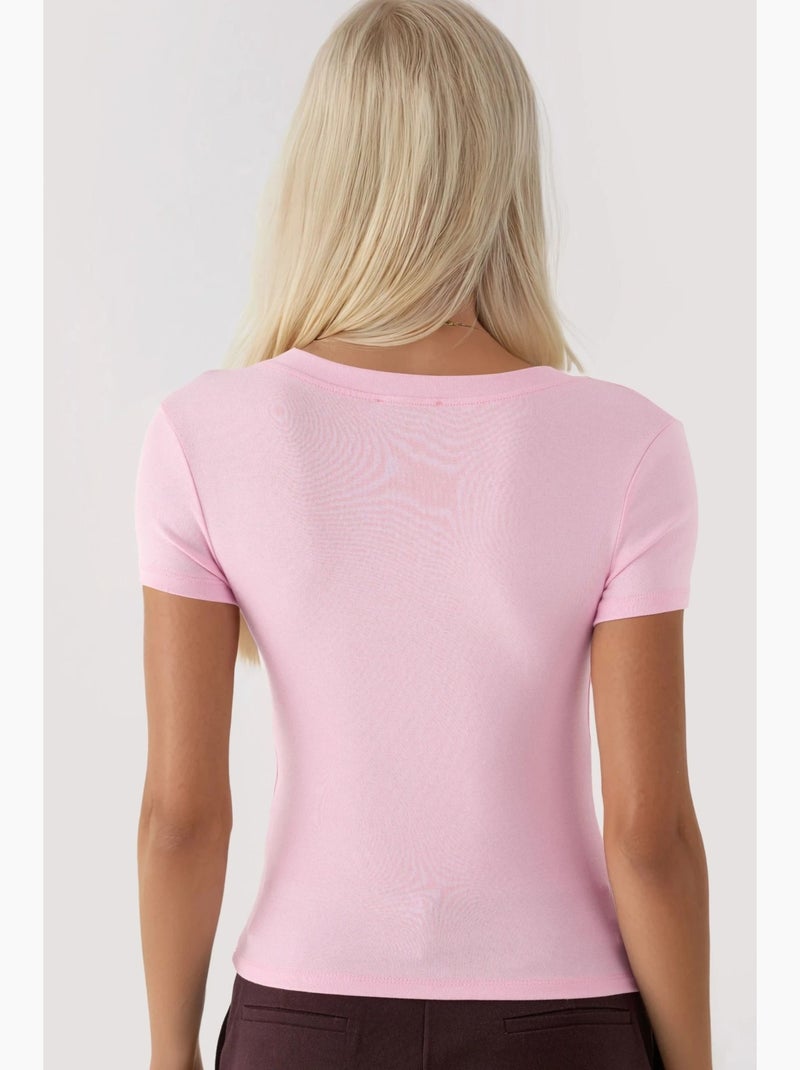 T-shirt élastique à manches courtes avec col en v busem Rose pâle - Kiabi