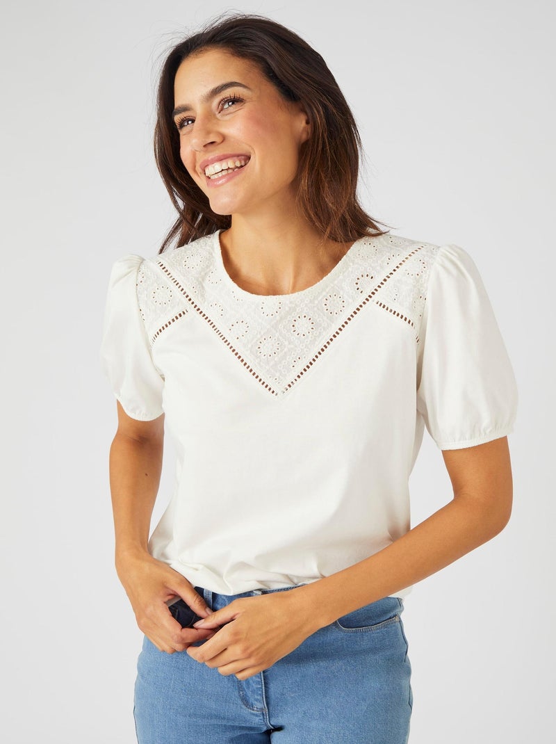 T-shirt empiècement broderie anglaise - Damart Blanc cassé - Kiabi