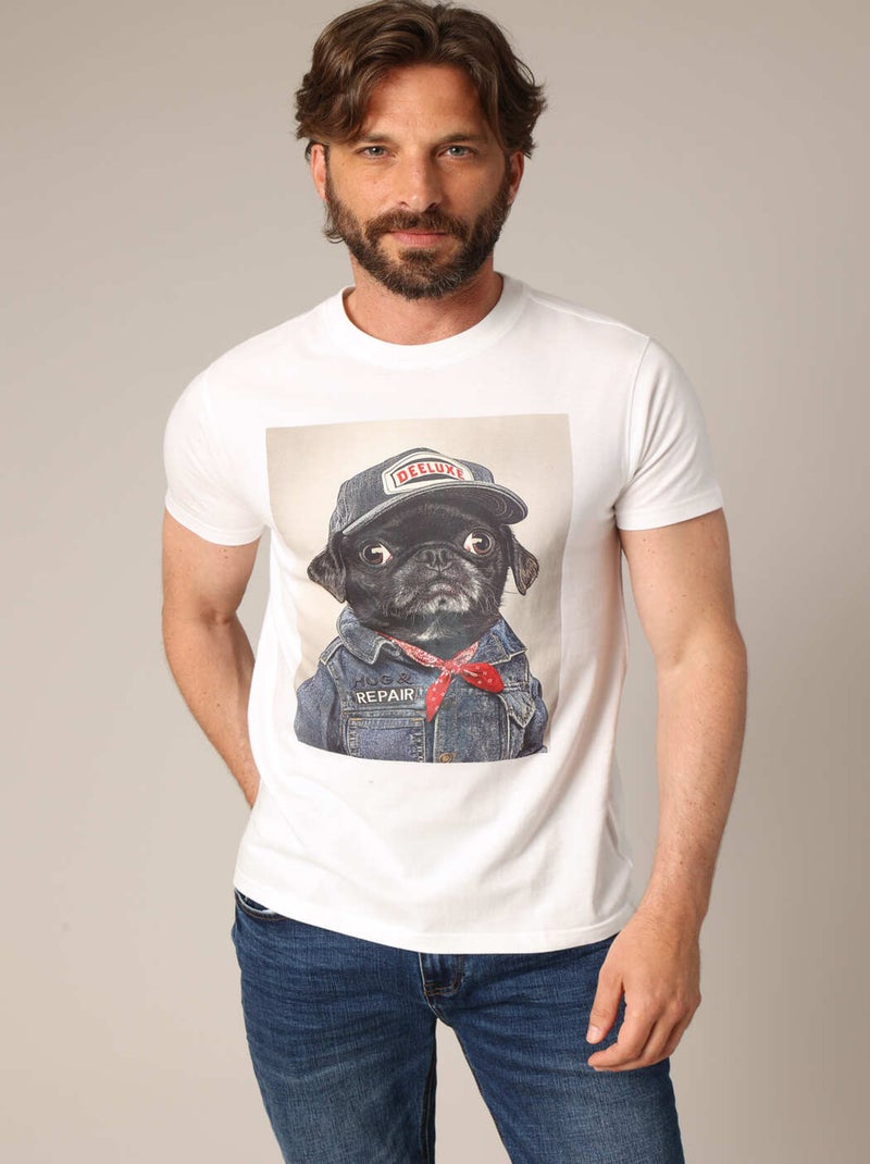 T-shirt en 100% coton avec imprimé original "chien en veste de mécano"  'Deeluxe' Ecru - Kiabi