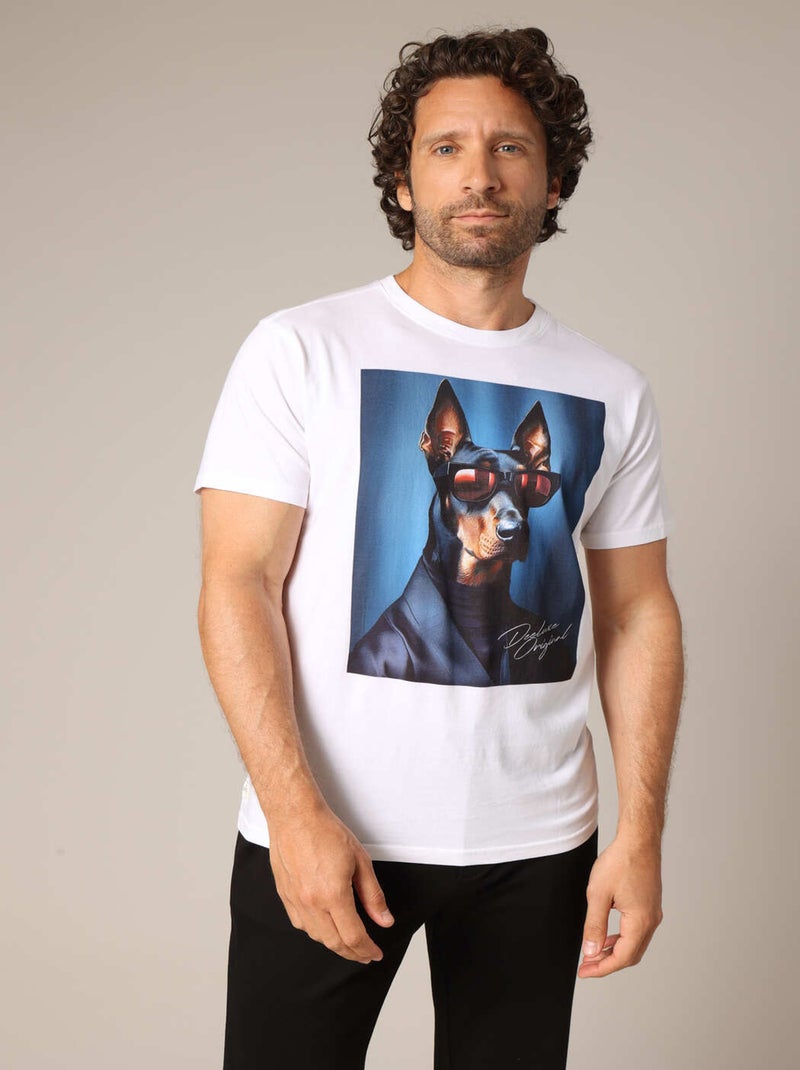 T-shirt en 100% coton avec imprimé original de chien en costume et lunettes 'Deeluxe' Blanc - Kiabi