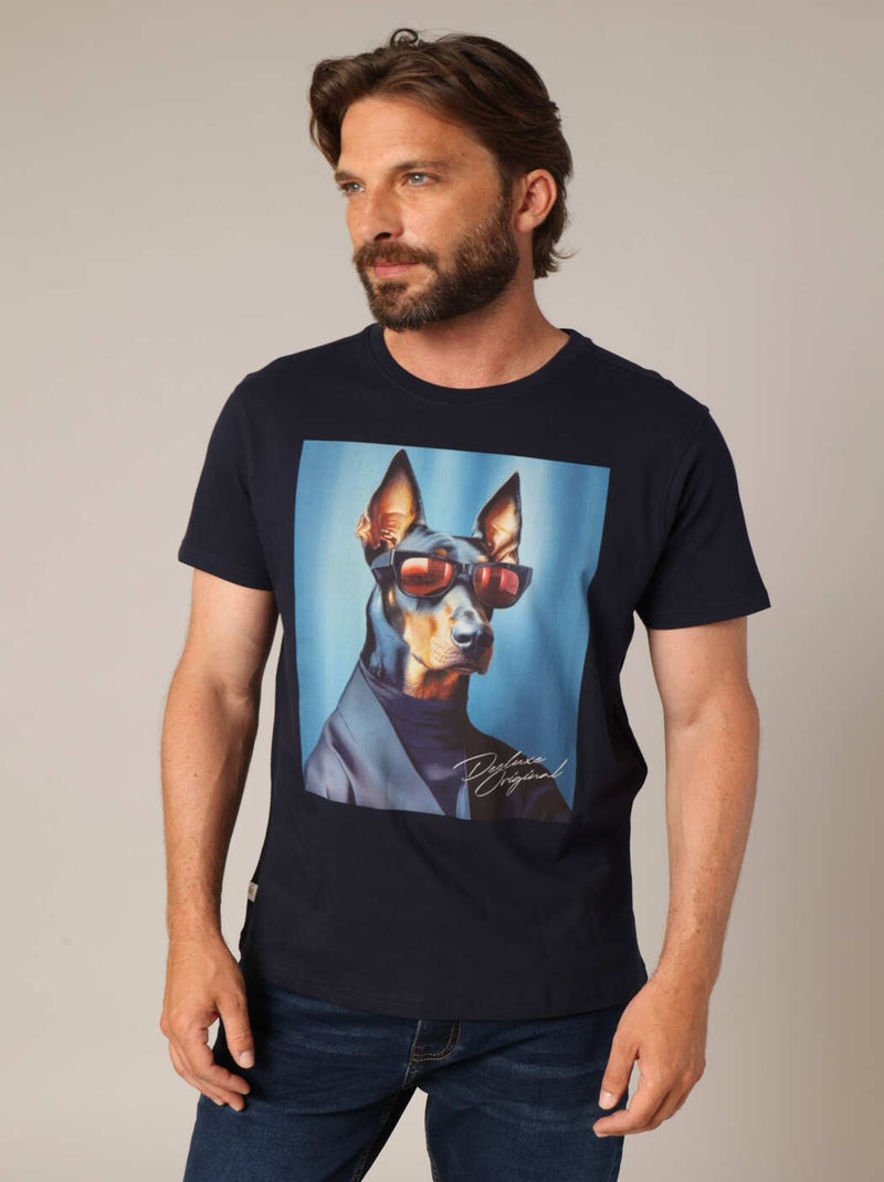 T-shirt en 100% coton avec imprimé original de chien en costume et lunettes 'Deeluxe' Bleu nuit - Kiabi