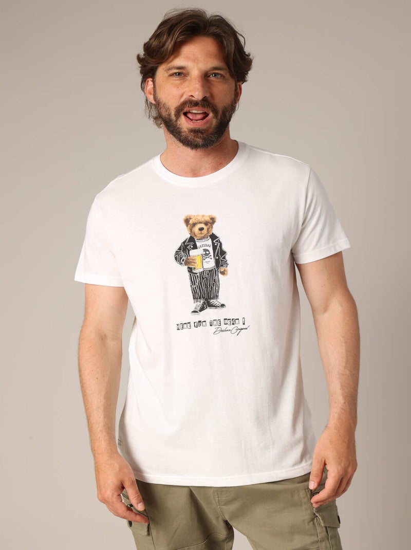 T-shirt en 100% coton avec imprimé ours décalé et message « Here for the Bear ».
 'Deeluxe' Ecru - Kiabi
