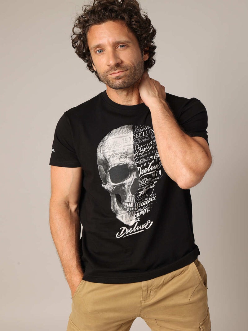 T-shirt en 100% coton avec imprimé tête de mort et typographies contrastées  'Deeluxe' Noir - Kiabi