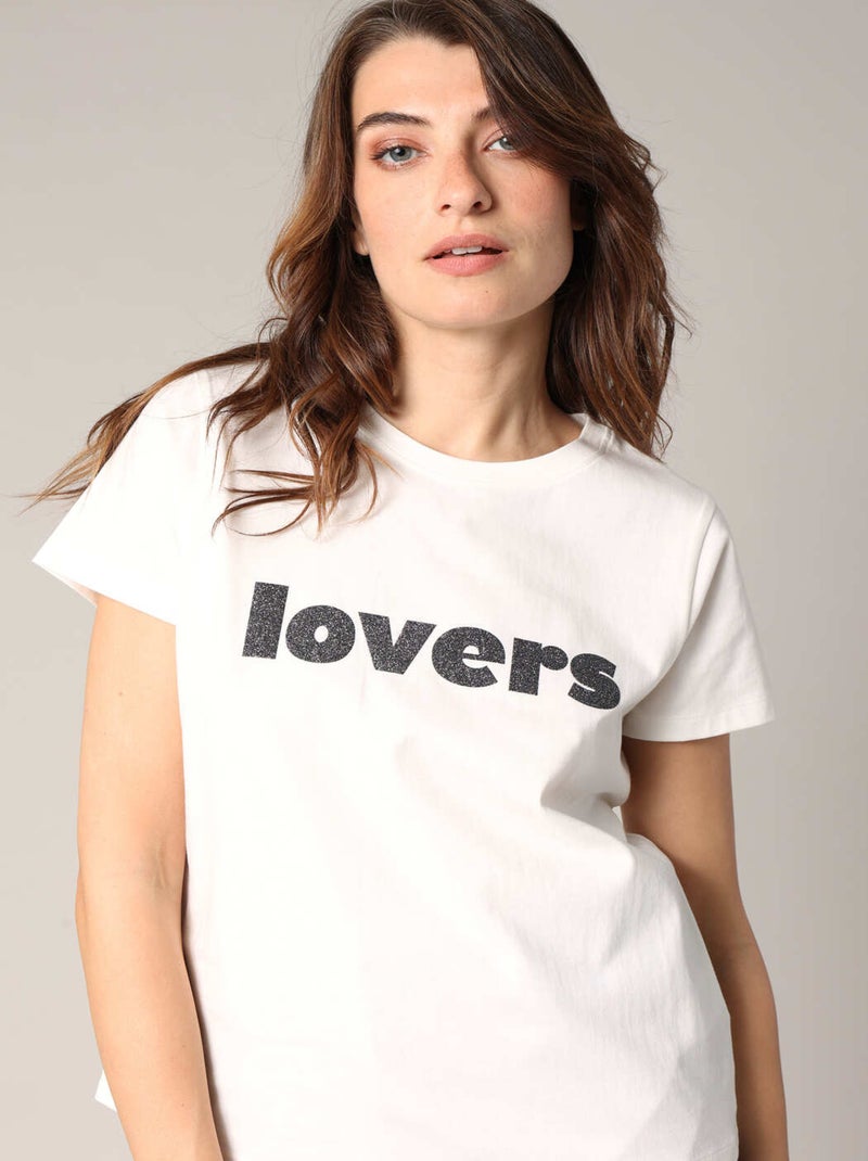 T-shirt en 100% coton imprimé LOVERS pailleté
 'Deeluxe' Blanc - Kiabi