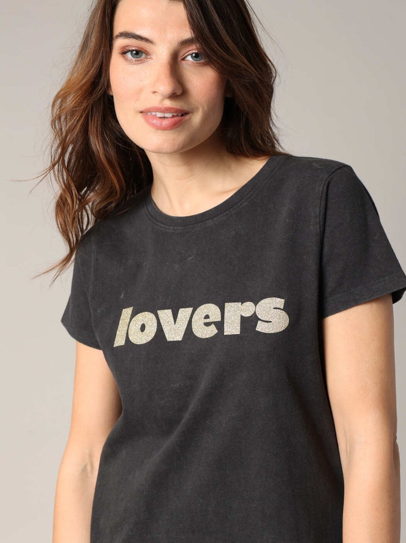 T-shirt en 100% coton imprimé LOVERS pailleté
 'Deeluxe' gris anthracite - Kiabi