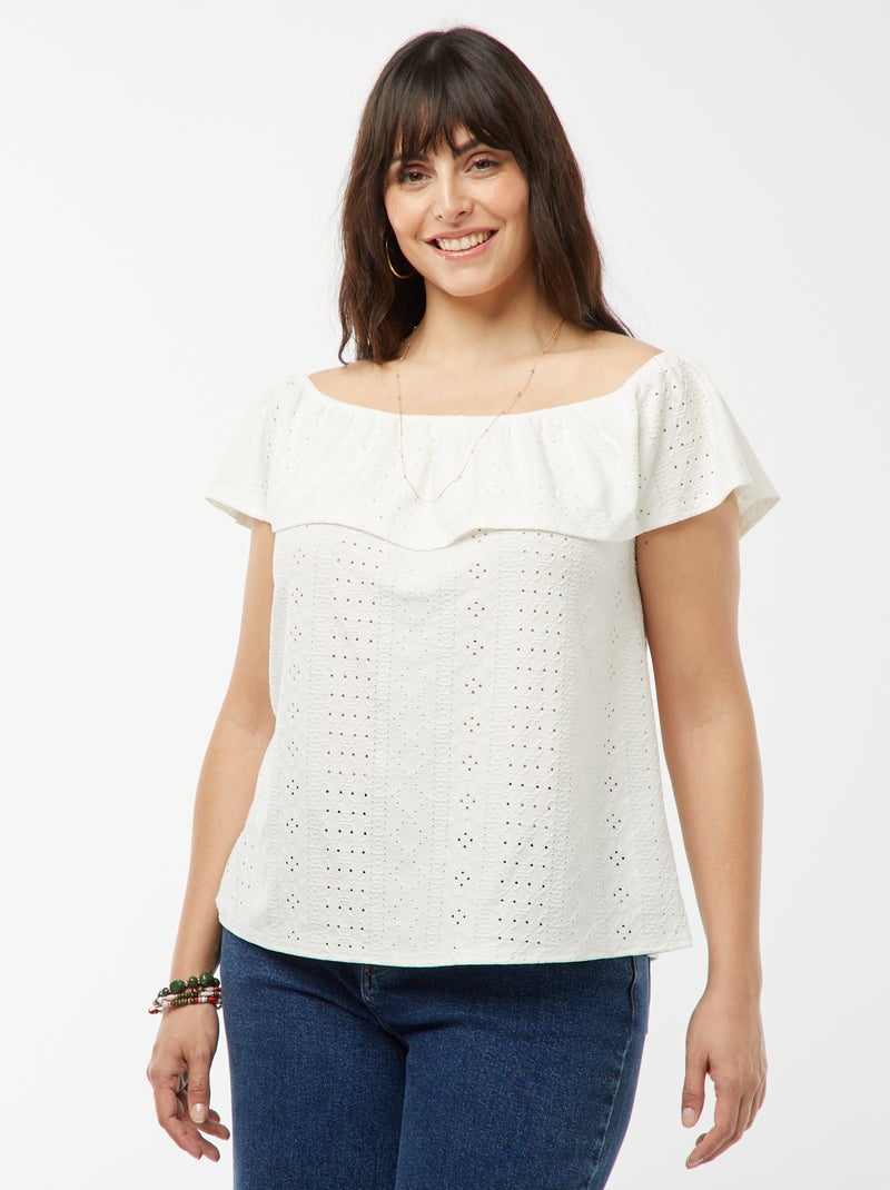 T-shirt en broderie anglaises sans manches avec large volant au col blanc - Kiabi