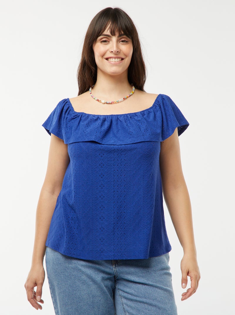 T-shirt en broderie anglaises sans manches avec large volant au col BLEU - Kiabi