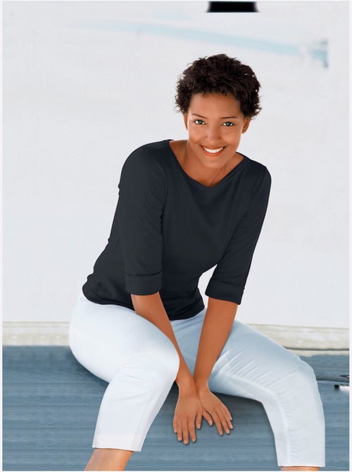 T-shirt en coton à col rond avec manches 3/4 et revers - Taille standard - Moda Vilona - Kiabi
