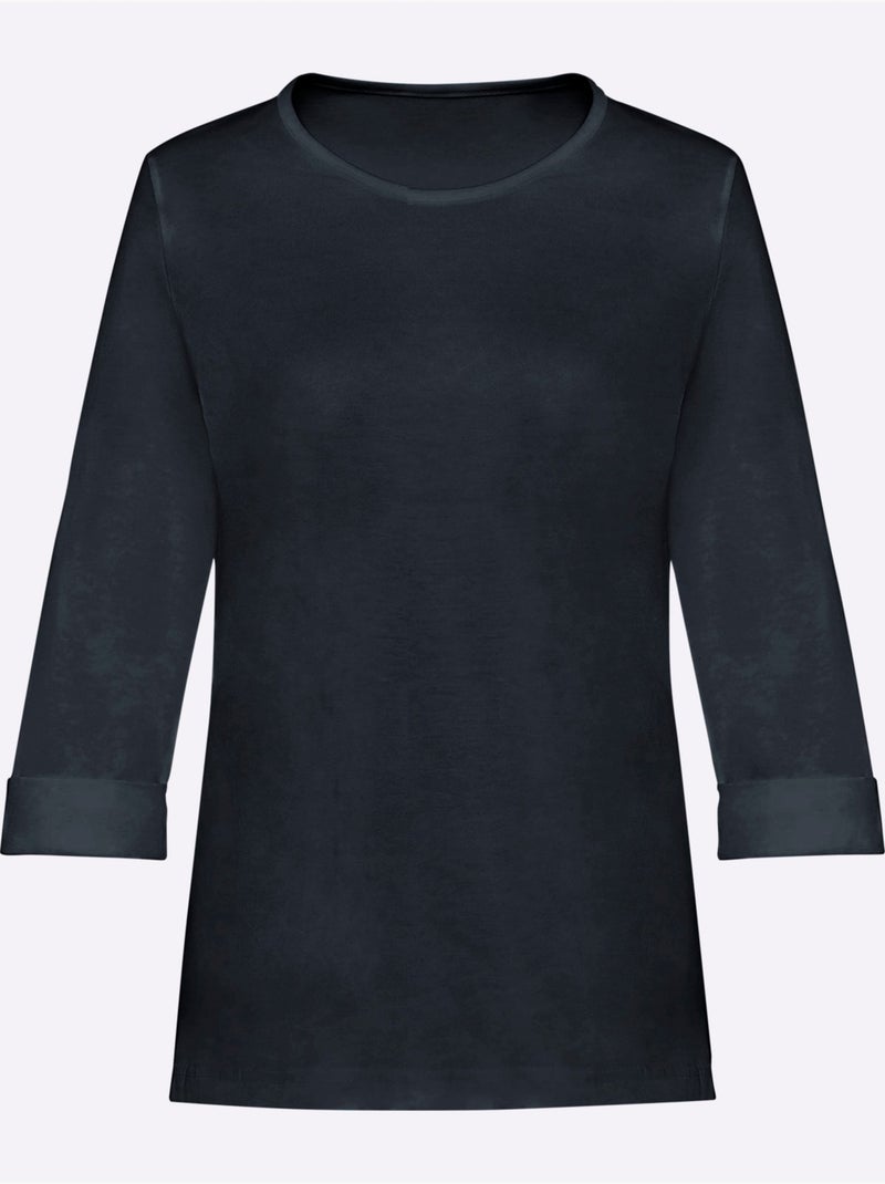 T-shirt en coton à col rond avec manches 3/4 et revers - taille standard - moda vilona Noir - Kiabi