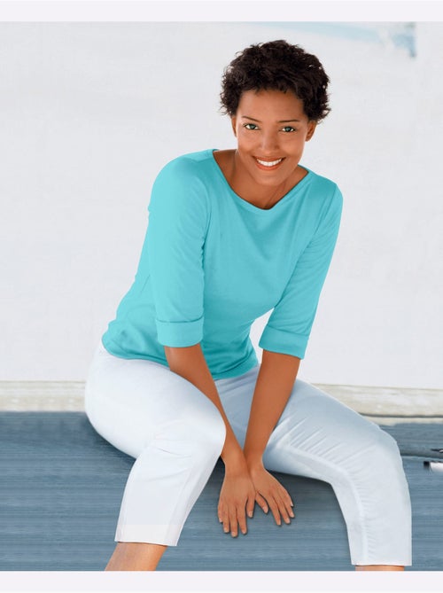 T-shirt en coton à col rond et manches 3/4 avec revers - taille standard - moda vilona - Kiabi T-shirt en coton à col rond et manches 3/4 avec revers - taille standard - moda vilona - Kiabi