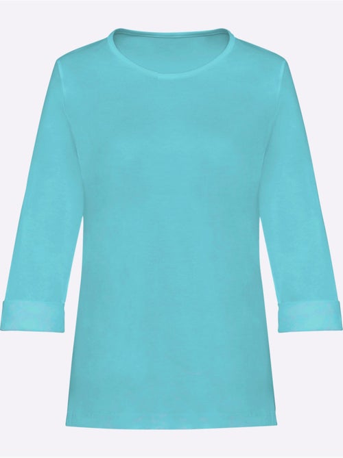 T-shirt en coton à col rond et manches 3/4 avec revers - taille standard - moda vilona - Kiabi T-shirt en coton à col rond et manches 3/4 avec revers - taille standard - moda vilona - Kiabi