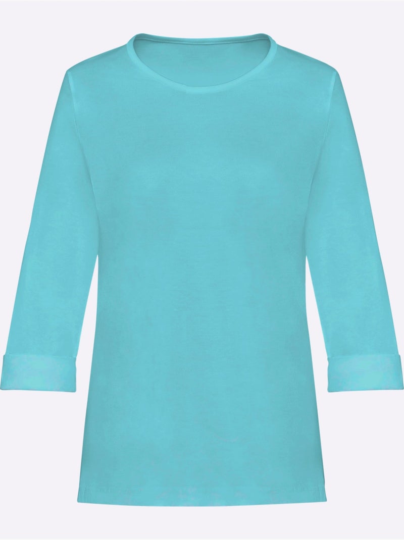 T-shirt en coton à col rond et manches 3/4 avec revers - taille standard - moda vilona Turquoise - Kiabi
