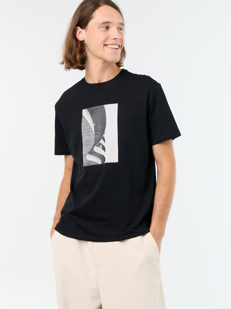 T-shirt en coton à col rond homme avec motif placé Noir - Kiabi