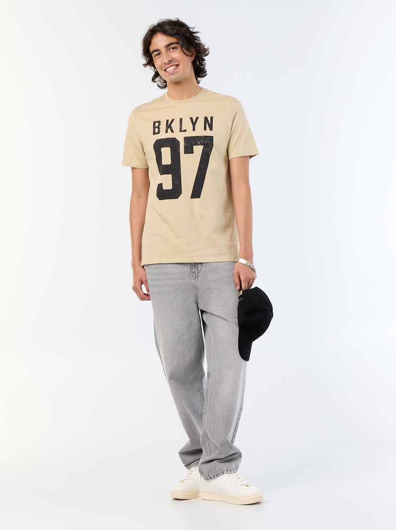 T-shirt en coton à col rond imprimé pour homme Beige - Kiabi