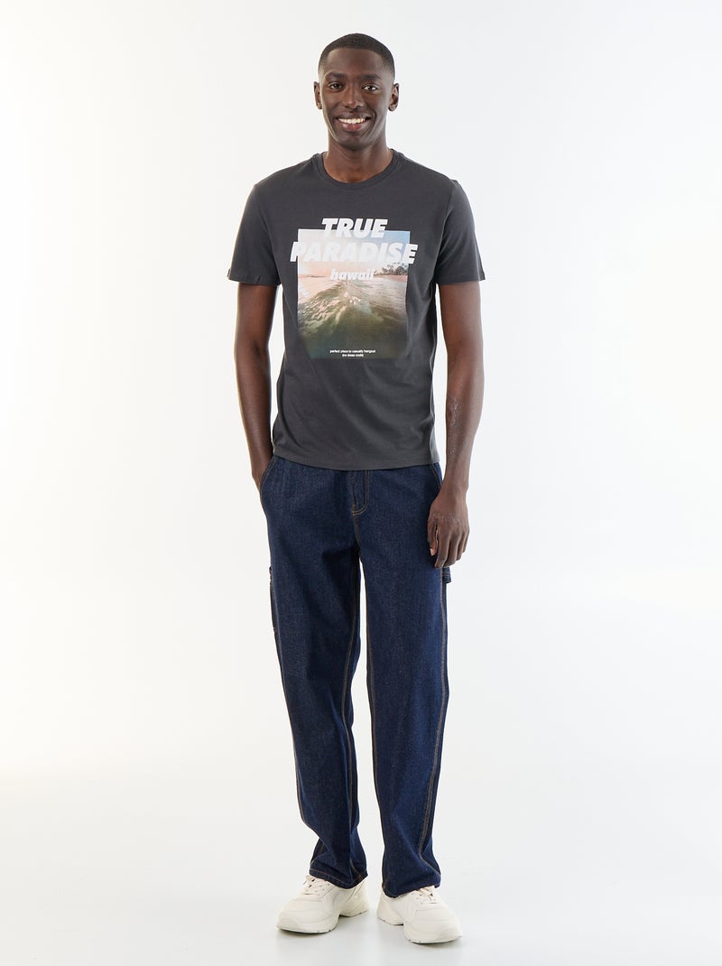 T-shirt en coton à col rond pour homme avec motif placé Gris - Kiabi