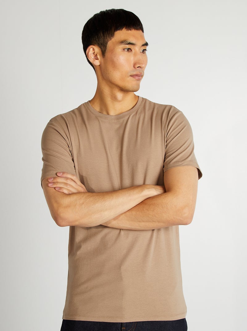 T-shirt en coton à col rond pour homme Beige - Kiabi