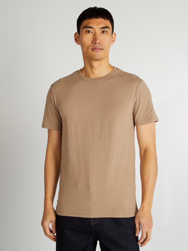 T-shirt en coton à col rond pour homme Beige - Kiabi