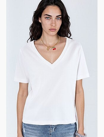 T-shirt en coton à col v coupe régulière unie busem