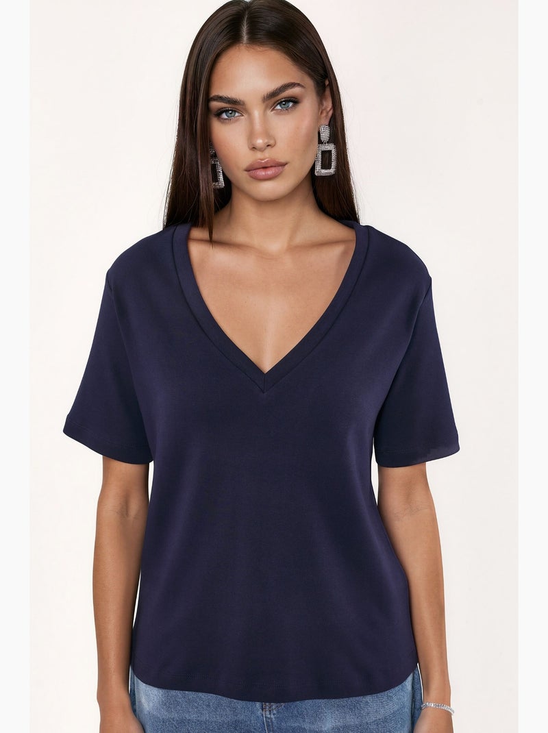 T-shirt en coton à col v coupe régulière unie busem Bleu marine - Kiabi