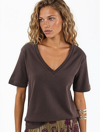 T-shirt en coton à col v coupe régulière unie busem