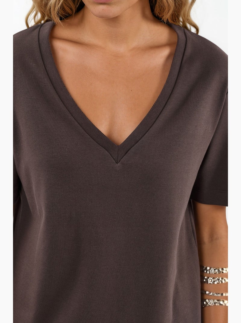 T-shirt en coton à col v coupe régulière unie busem Marron - Kiabi
