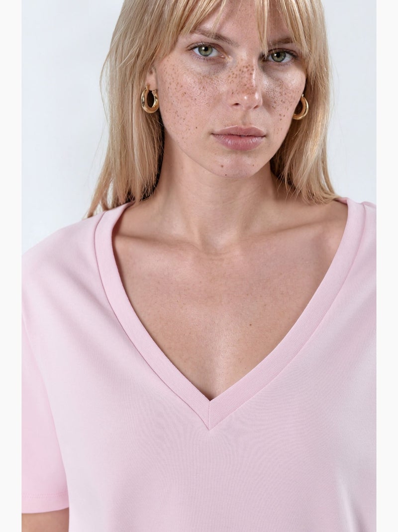 T-shirt en coton à col v coupe régulière unie busem Rose clair - Kiabi