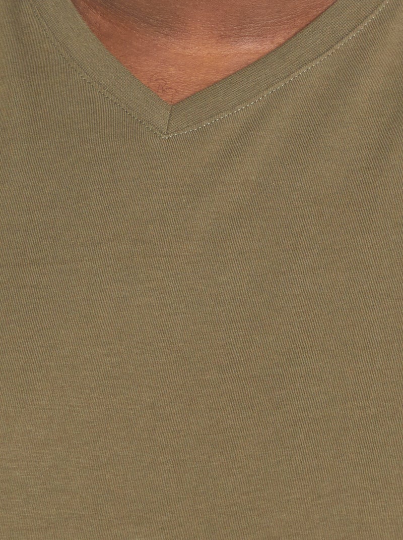 T-shirt en coton à col V pour homme Kaki - Kiabi