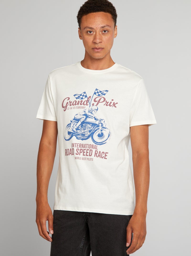 T-shirt en coton à coupe droite avec imprimé Blanc 'Grand prix' - Kiabi