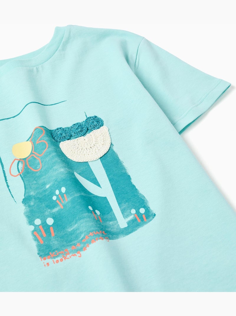 T-shirt en coton à imprimé et appliqué au crochet Bleu clair - Kiabi