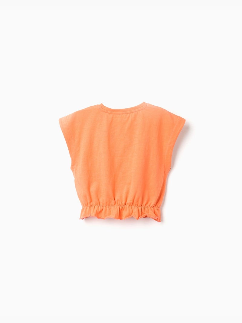 T-shirt en coton à imprimé floral et volants Noir Orange - Kiabi