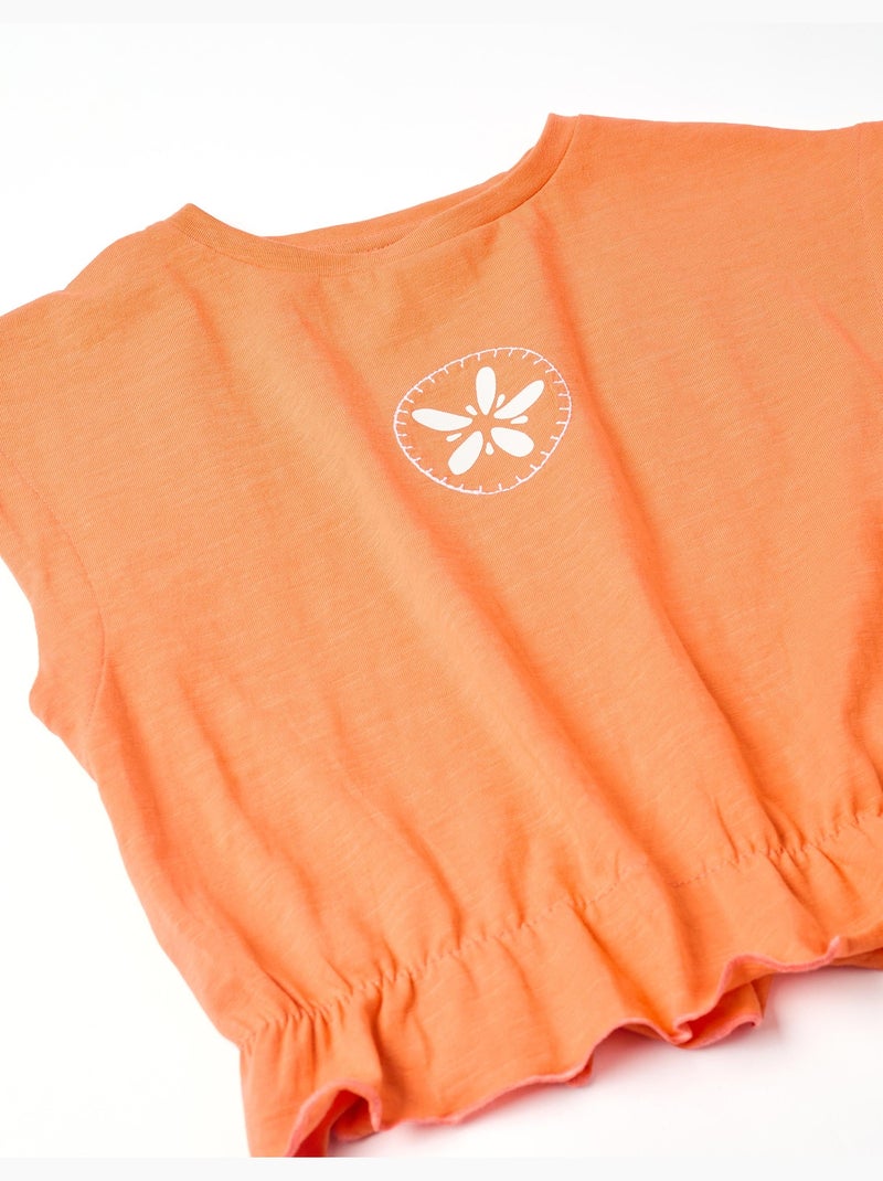 T-shirt en coton à imprimé floral et volants Noir Orange - Kiabi