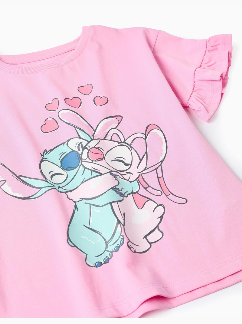 T-shirt en coton à imprimé Stitch et Angel et volants Rose - Kiabi