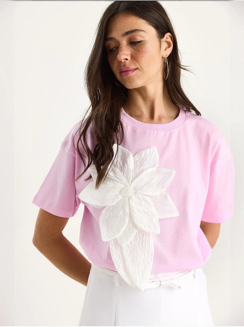 T-shirt en coton à manches courtes avec accessoire floral lucci Rose fluo/Solinotes - Kiabi